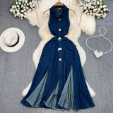 Fongt Collar Claved Open Waist Thin Sleeveless Single Buckle A Word Open Fork Denim Dress Casual Dress