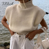 Turtleneck Sleeveless Vest Sweater Women 2020 With Shoulder Pads Knitted Pullover Autumn Winter Jumper Casual Tops