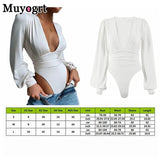 Black Deep V Neck Bodysuit Women Sexy Puff Sleeve Bodycon Jumpsuit Solid Elastic Casual Party Winter Bodysuits Body