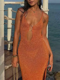 Knit Cut-Out Strappy O-Neck Midi Dress-Outfit