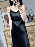 Summer New High-Grade Silk Surface Acetic Acid Temperament Long Suspender Dress V-Collar Pleated Gas Skirt-Outfit