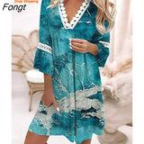 Spring V-neck Printed Lace Panel Bohemian Casual Holiday Dress Beach Outfits for Women Beach Cover Ups for