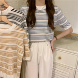 Fongt New Korean Version Of Simple Retro Slimy Loose T-Shirt Small Thin Striped Short-Sleeved Knitted Top
