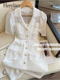 Dress Women French Vintage Short Puff Sleeve Single Breasted Notched V Neck Blazer Dresses Women Chic Retro Elegant