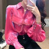 Tassel Spliced Blouse Commute Solid Color Elegant Lapel Bright Silk Spring Autumn Women's Clothing Single-breasted Shirt-Outfit