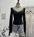 Real Shooting Merard Wind Strapted Bow Splicing Lace Pure Desire Blouse Folding Body Short Blouse