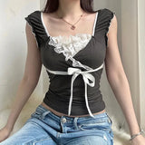 y2k Ruched Lace Patchwork Cropped Top Women Chic Bandage Bow Contrast T Shirts 2000s Vintage Clothing Ladies Harajuku Tee-Outfit