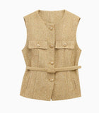 Fongt Women's Clothing INS Net Red Explosive With Belt Beads Texture Vest