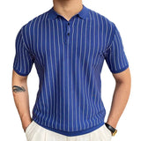 Fongt Men's Summer New Striped Knit Dresses Short Sleeves Clip Business Polo