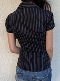 Fongt Commute Wind Fashion Stripe Buckle Bubble Sleeve Top Hottie Temperament Folding Braid Shirt