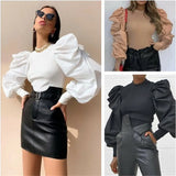 Retro Womens Long Puff Sleeve Blouse Shirt Spring Fall Black White Solid Fashion Elegant Blouses Tops Female Blusas
