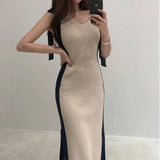 Vintage Patchwork Bow Female Summer Sleeveless Knitted Retro Bottom Dress Pullovers Women Slim