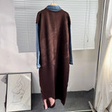 Fongt 2025 New Cowboy Splicing Knitted Two-Piece Collar Dress Flower Nails Decorated Long Dress Woman