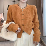 Fongt Winter New Round Collar Small Fragrant Wind Small Single Breasted Cardigan Sweater Versatile Thick Knit Jacket Female-Outfit