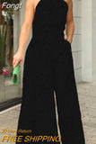 Woman Jumpsuits Elegant Long Women's Overalls Sexy Halter Sleeveless Wide Leg Romper Office Lady White One Piece