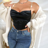 Advanced Sexy Low Collar Sling Fold Careful Machine Rhinestone Splicing Short Waist Show Thin Fish Bone Corwoman-Outfit
