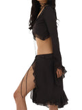 Mesh Ruffles Long Sleeve Tie Up Crop Top And Wrap Skirt Set-Outfit