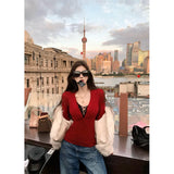 Fongt Sexy Pure Desire V Collar Knitted Shirt Girl Autumn New Hottie Temperament Lace With Long-Sleeved Top