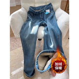 Fongt High-Waisted Plus Velvet Narrow Version Of Straight Jeans Women Autumn And Winter New Warm Commuten Thin Mop Trousers