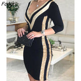 Color Striped Tape Bodycon Dress Women Sexy V Neck Long Sleeve Party