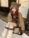 Brown V-neck Letter Print Oversize Sweater-Outfit