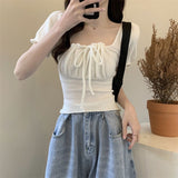 Fongt With Drawstring T-Shirt For Girls Summer New Retro French Style Collar Temperament Collar Collar Short Sleeve Top In
