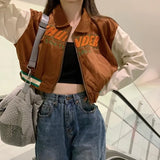 Vintage Brown Cropped Jacket Women Korean Style Streetwear Long sleeve Top Patchwork Letter American Bomber