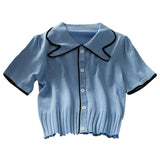 Summer Women Knitted Short Sleeve Patchwork Polo Collar Cropped T-shirts Girls Large Elastic Slim Tshirt Tees Crop Tops-Outfit