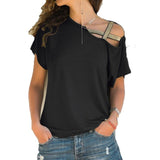 Women Skew Neck Irregular Criss Cross Blouse Patchwork Solid Tops Blusa Femme One Shoulder Summer Shirt Hollow Plus