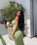 Rib Knitting Women Dress Sets 2021 Summer New Arrivals Ladies Halter-Style Short Top And Long Skirt Solid Two Piece
