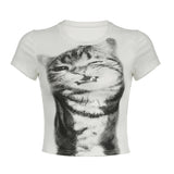 Fongt Style Cat Print Short-Sleeved T-Shirt Women's New Round Collar Retro Basic Versatile Slim Top-Outfit