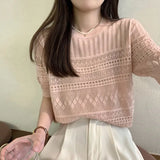 Fongt T-Shirt Girl Summer New Hollow Hook Design Temperament Round-Neck Short-Sleeved Top In The Wind