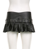 Black Pleated Belted Slit Micro Mini Skirt-Outfit