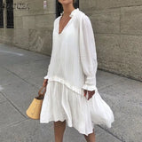 Ruffle Midi Dress Women's Summer Sundress ZANZEA Casual Puff Sleeve Patchwoek Vestidos Female V Neck
