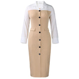 Fongt Women's Autumn And Winter Women's Fashion Career Long-Sleeved Suit Collar Splicing Bag-Gushion Pencil Dress Dress