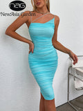 Mesh Dress Asymmetrical Spaghetti Strap Ruched Lining Bodycon CowlNeck Sleeveless Midi Dress Sexy Dresses for Women