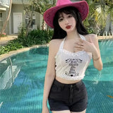 Summer Women's Crop Top Lace Grunge E-girl Sexy Elastic Cotton Camis Sleeveless Short Korean Tank Top Bar Y2k