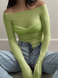 Mesh Long Sleeve Off Shoulder Top-Outfit