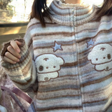 Kawaii Striped Sweaters Mujer Spring Stand Collar Dog Print Cardigans Y2k Grunge Long Sleeve Zipper Knitted Tops-Outfit