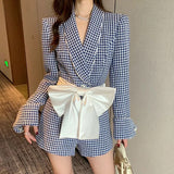 Houndstooth Stylish Bow Sashes Jumpsuits Spring Autumn Female Commute High Waist Vintage Tailored Collar Shorts Rompers-Outfit