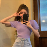 Fongt New Chic Temperament Slimming Foam Sleeve Round Collar Knitted Short-Sleeved T-Shirt White Blouse