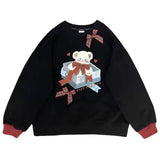 Kawaii Korean Style Bear Cartoon Print Oversize Hoodies Women Blue Harajuku Cute Long Sleeve Pullover Female