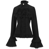 French Style Solid Shirt For Women Stand Flare Sleeve Lace Embroidery Ruffles Bandage Design Gothic Black Shirts Top-Outfit