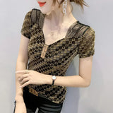 Folds Diamonds T-shirt Casual Gauze Spliced Female Clothing Sequined Slim Sexy V-Neck Summer Letter Printed Pullovers-Outfit