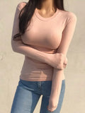 Korean Style T Shirt Woman Slim Cotton O-neck Long Sleeve Casual Women Tshirt Tops Spring Autumn Femme Tee Shirts-Outfit