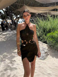 Fashion Hanging Neck Asymmetric Hollow Dress Women's