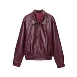 Fongt Women's Dress 2025 New Retro Simple Collar Zipper Leather Jacket