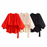 Fongt Bubble Sleeve Lotus Side Wrinkle Skirt 2025 Spring And Summer Lace With Round Tie Waist Mini Dress