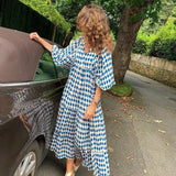 Puff Sleeve Long Dress Women Elegant Printed V-Neck Maxi Dresses Boho Drawstring Loose Holiday Beach Dress Vestidos