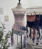 Irregular Bra Vest Wearing A Gradient Mesh Yarn Leaf Side Ribbon Bottom Sleeveless Top Lady